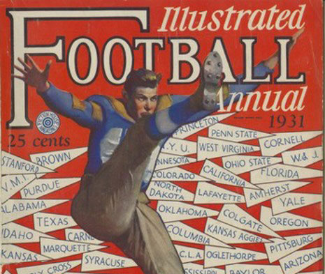 近距离的封面插图足球年度,1931。封面图片是一个艺术家的插图的球员,伸出双臂,踢右腿头水平。