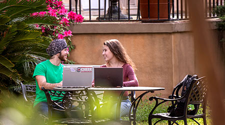 两个学生在一个春日的户外桌旁学习。