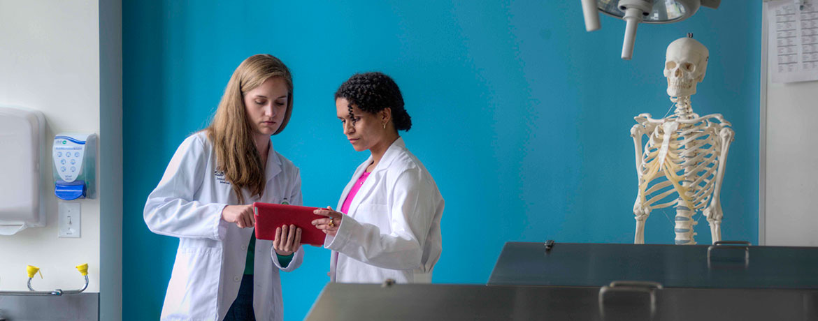 两个穿着实验室大褂的学生在实验室里研究一份病人档案