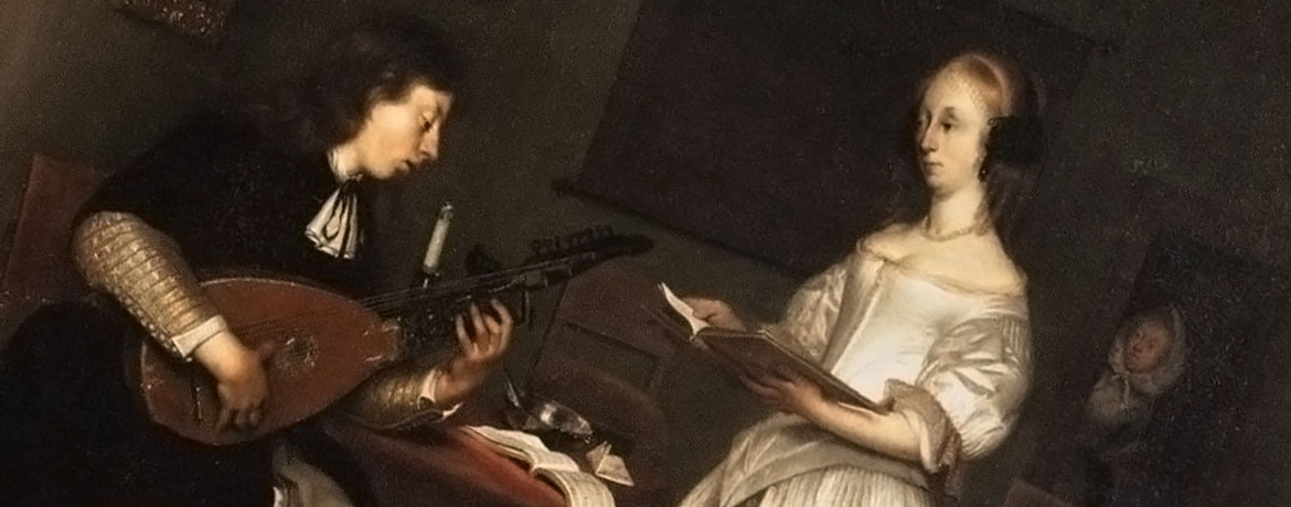 一幅古典绘画，画中的男子正在为音乐老师弹奏琵琶