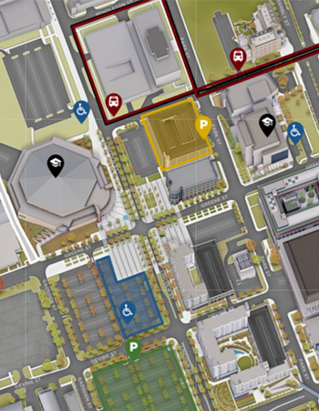 校园建筑的3D渲染图，显示了毕业典礼、停车场和班车路线的固定位置。