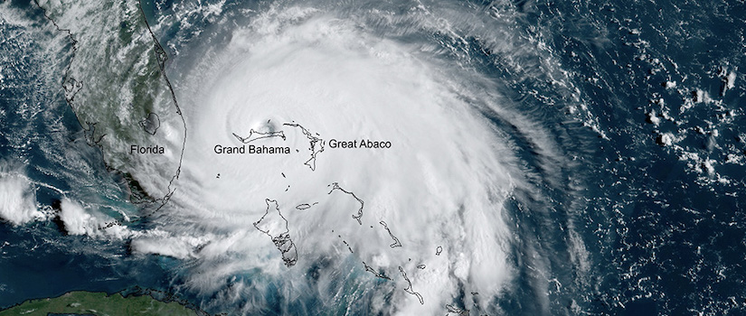 2019年多里安飓风的卫星视图，这是巴哈马群岛上空的一场猫级风暴