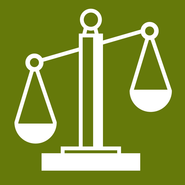 一个正义的天平图标在白色与绿色背景。