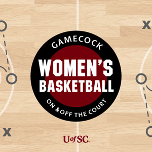 一个篮球场的渲染文字Gamecock女子篮球场上和场外