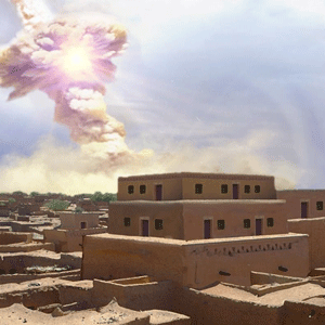 艺术家用泥砖建造的古代建筑在天空中爆炸