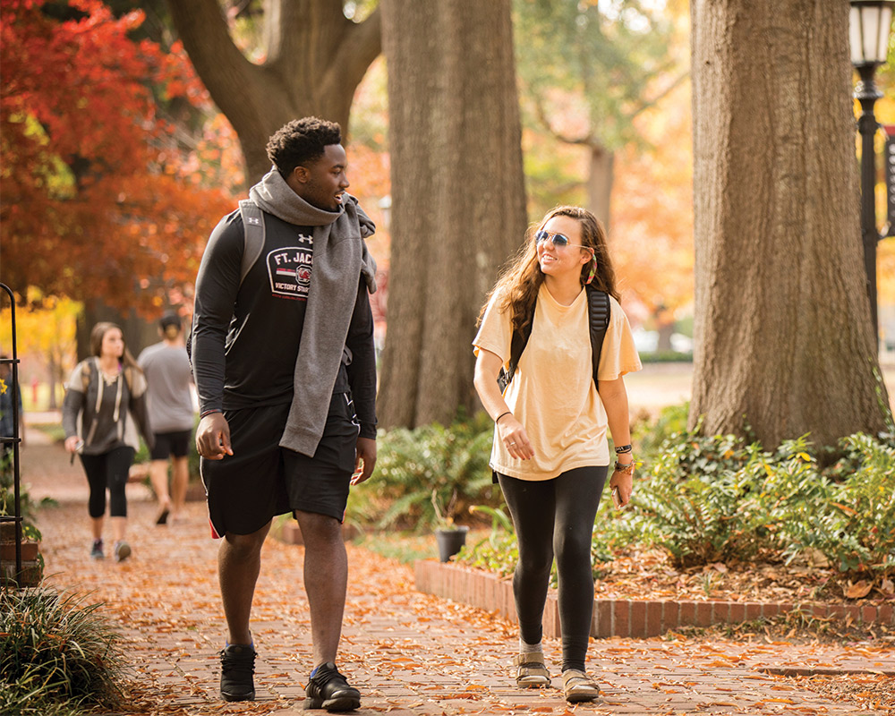 两个学生走在砖路径在一个美丽的秋日。