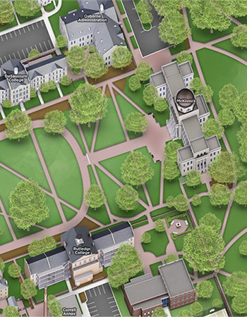 校园地图上的校园建筑和历史马蹄形的插图渲染。